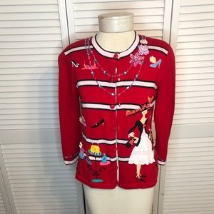 Jack B Quick Red Fashion Shop Applique Cardigan Sweater size S w/Beaded Sequins